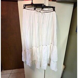 Apollo Women's Plus 3X White Tiered Midi Skirt Studded Drawstring Lightweight